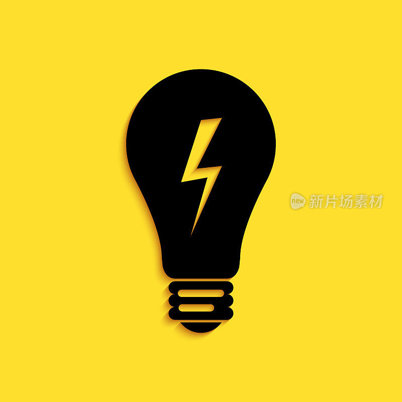 Black Light lamp sign. Bulb with lightning symbol icon isolated on yellow background. Idea symbol. Long shadow style. Vector